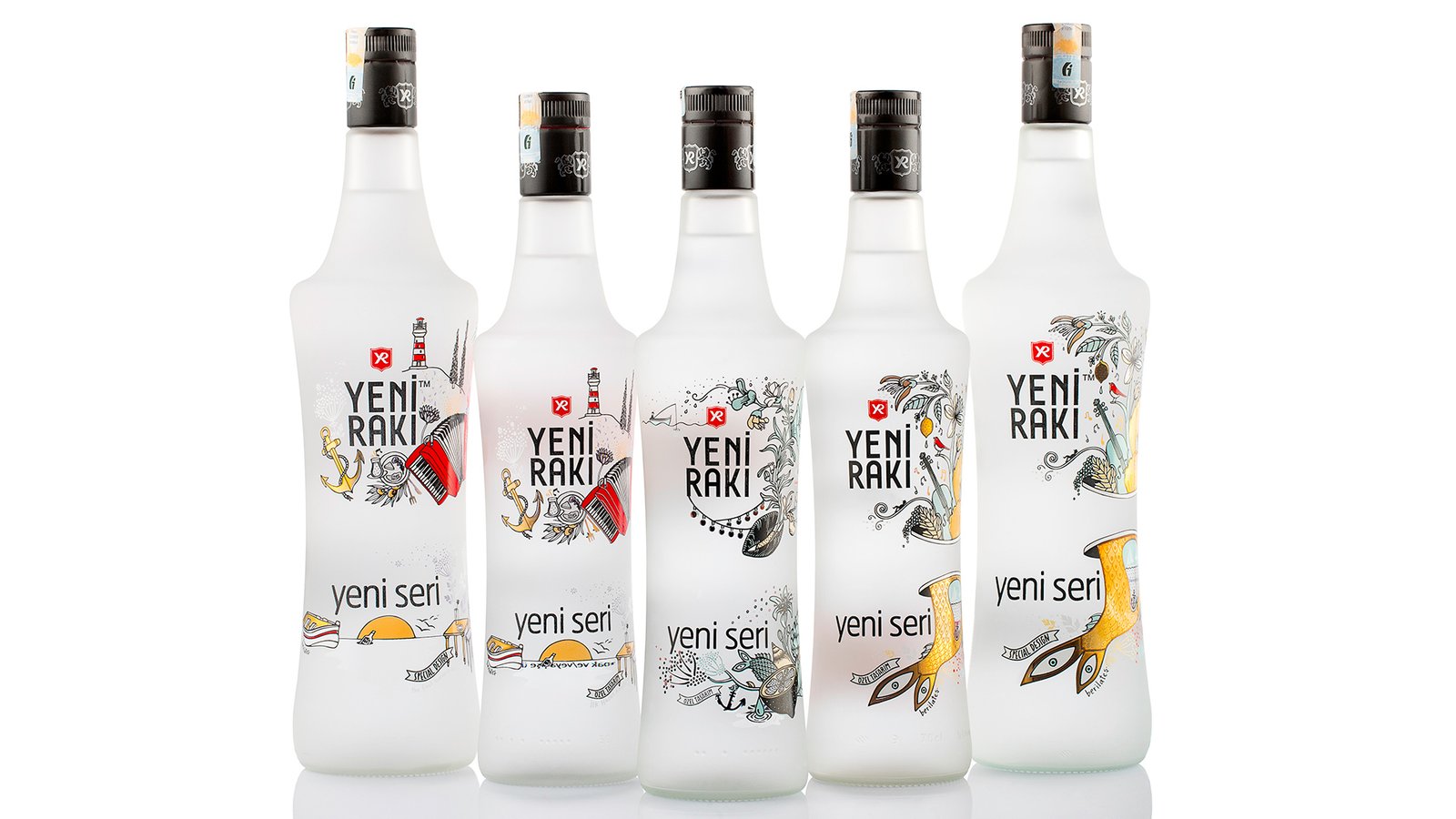 Yeni Rakı Yeni Seri bottle packaging designed by Beril Ateş photographed for commercial product advertising