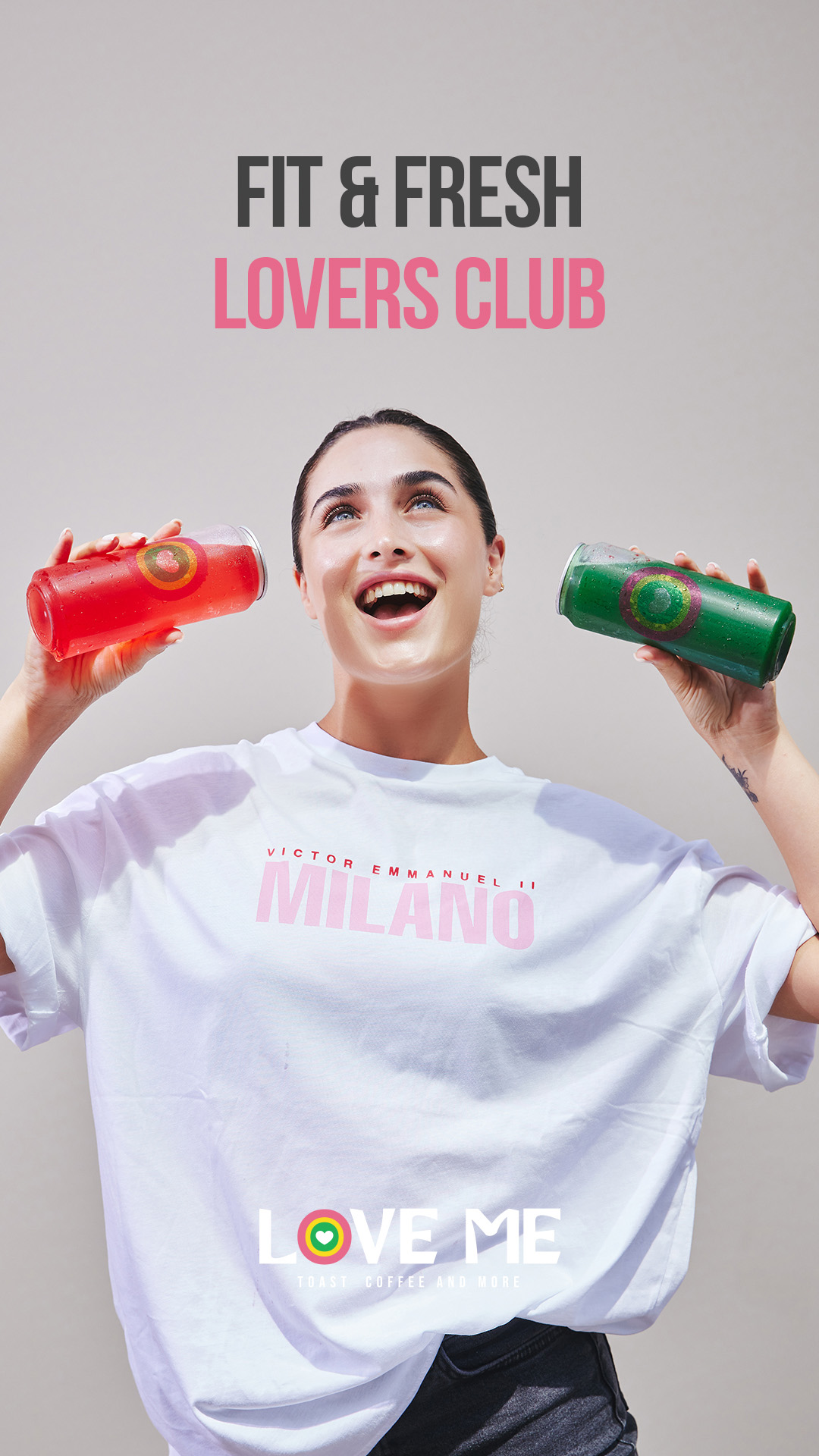 Young woman holding colorful beverage bottles during a lifestyle advertising campaign for Love Me, promoting fitness, freshness, and healthy living