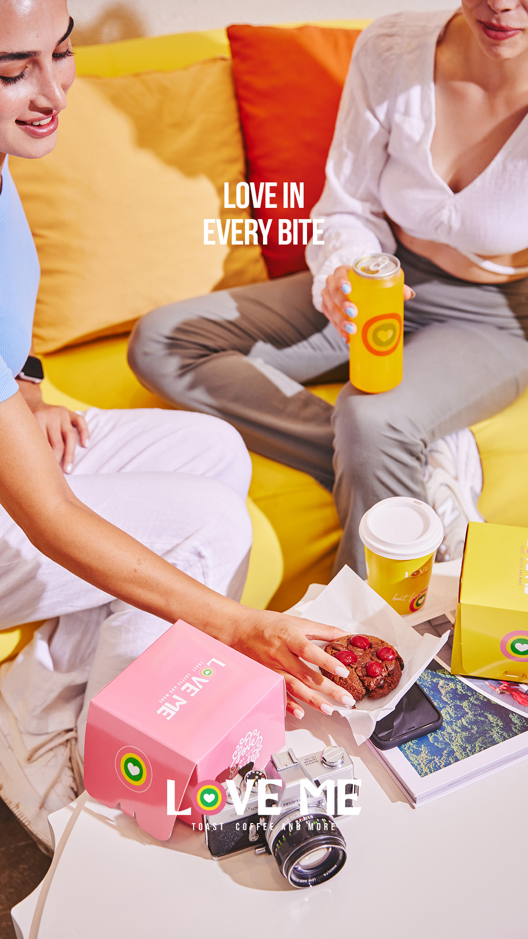 Friends enjoying Love Me beverages during a colorful lifestyle campaign focused on social connection, healthy living, and everyday enjoyment