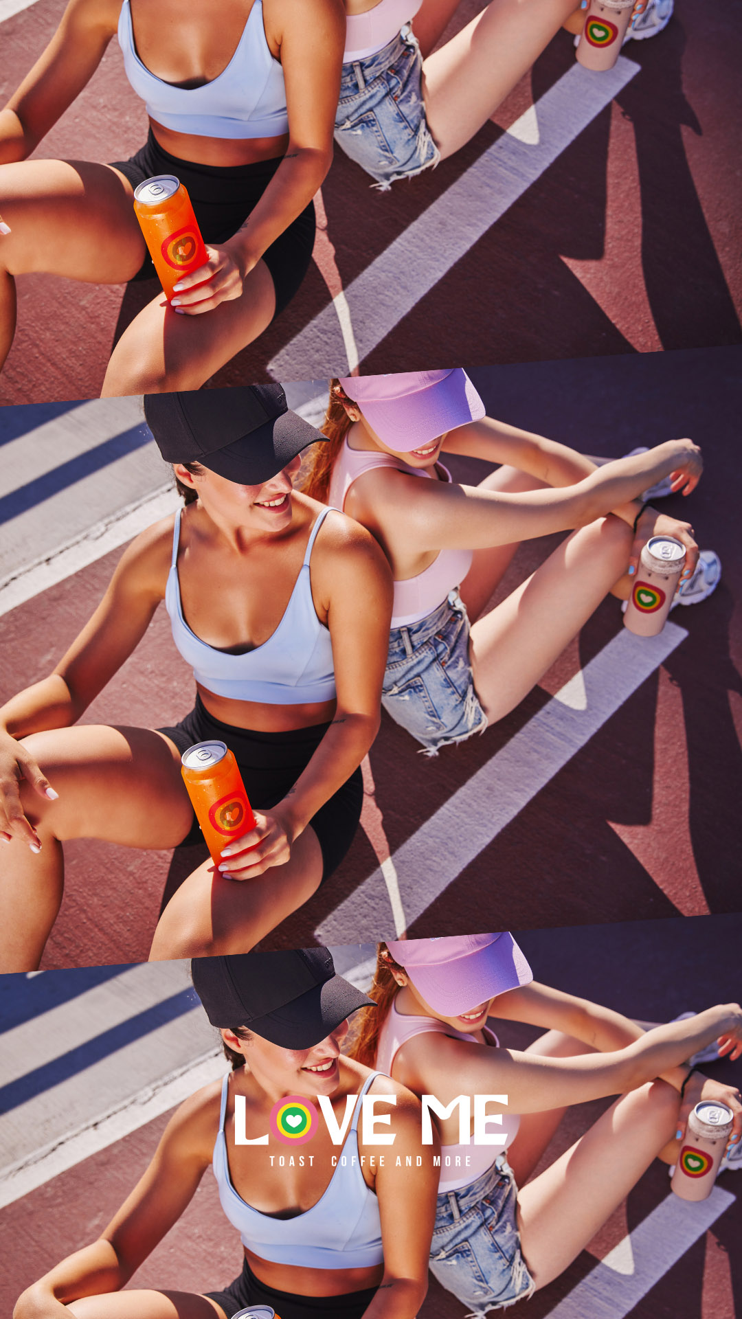 Young women enjoying colorful Love Me beverages in a vibrant lifestyle campaign celebrating friendship, wellness, and active living