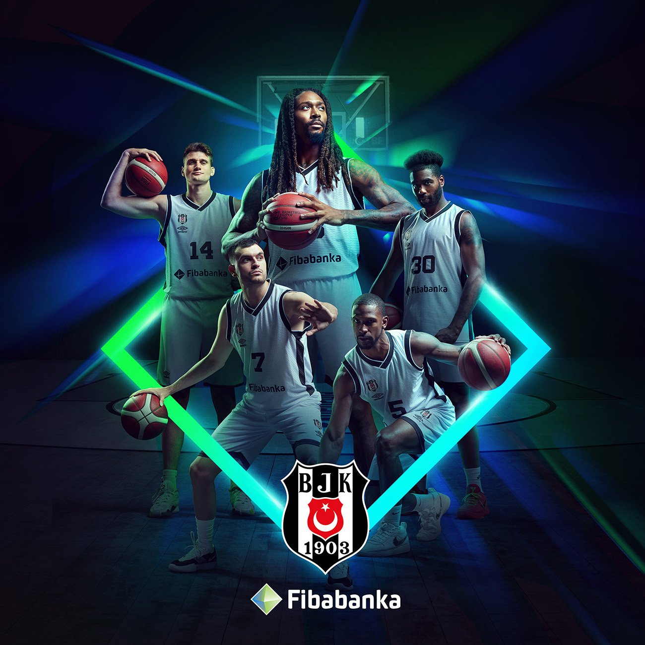 Beşiktaş basketball players posing for a promotional campaign with Fibabanka branding and dynamic neon lighting effects