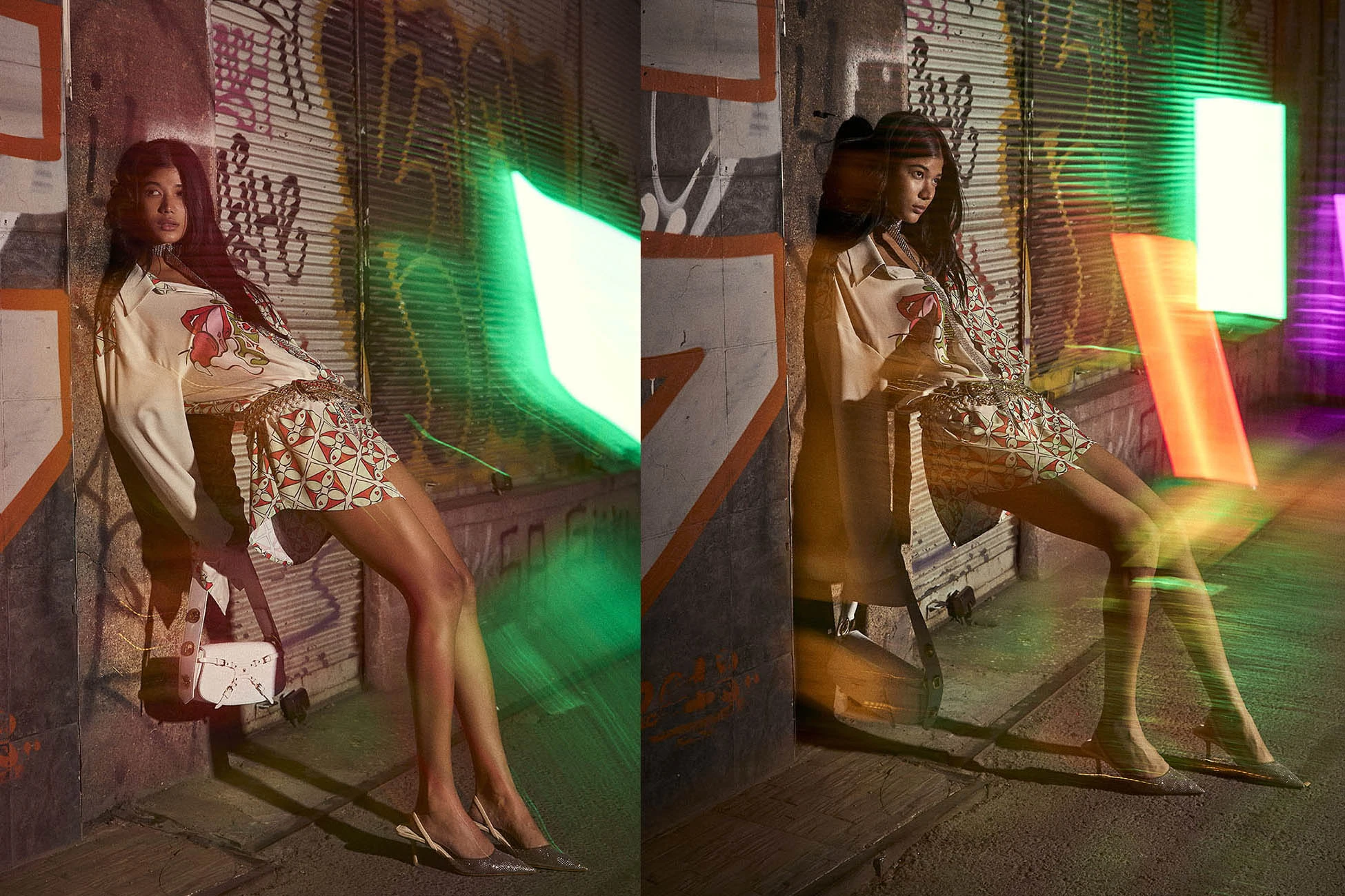 Fashion model posing in a creative studio environment with neon lighting for Je Te Veux fashion campaign.