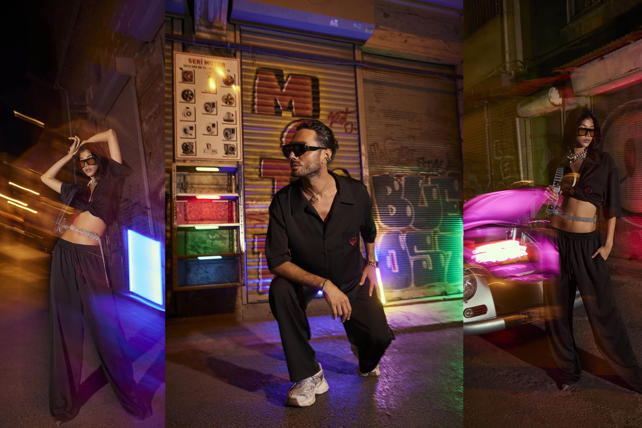 Fashion portrait featuring a stylish male model in an urban nightlife setting illuminated by colorful neon lights for the Je Te Veux campaign.