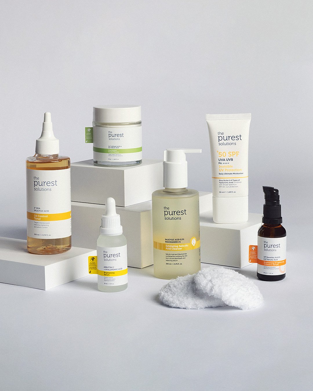 Purest skincare product collection featuring serums, creams and facial care products