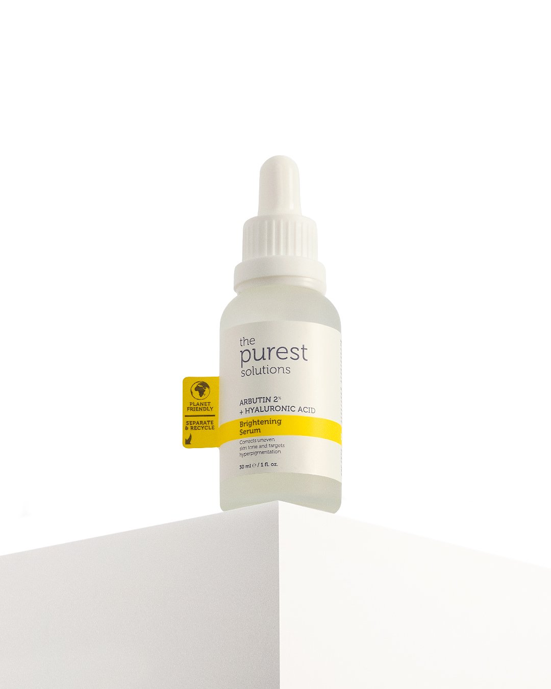 Purest skincare serum bottle on white podium with minimalist background