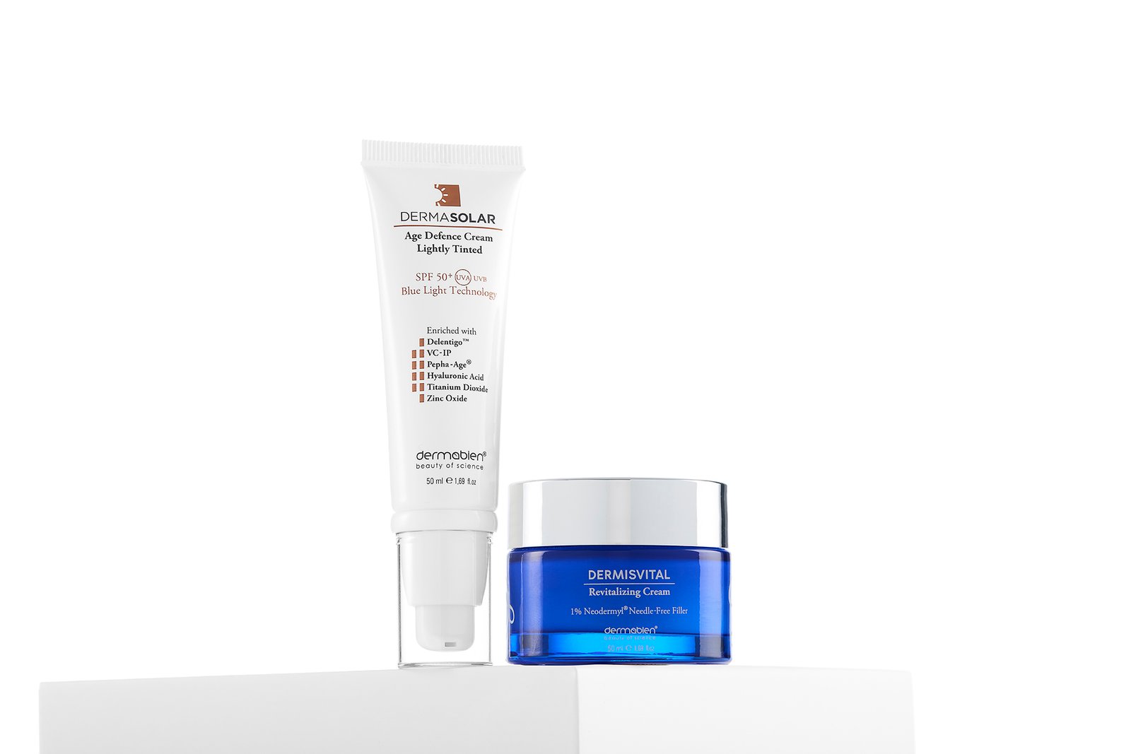 Professional product photography featuring the Dermabien skincare collection displayed in a summer lifestyle setting. The image highlights skincare, hydration, sun care, beauty products, and premium cosmetic branding with a clean and modern commercial photography approach.