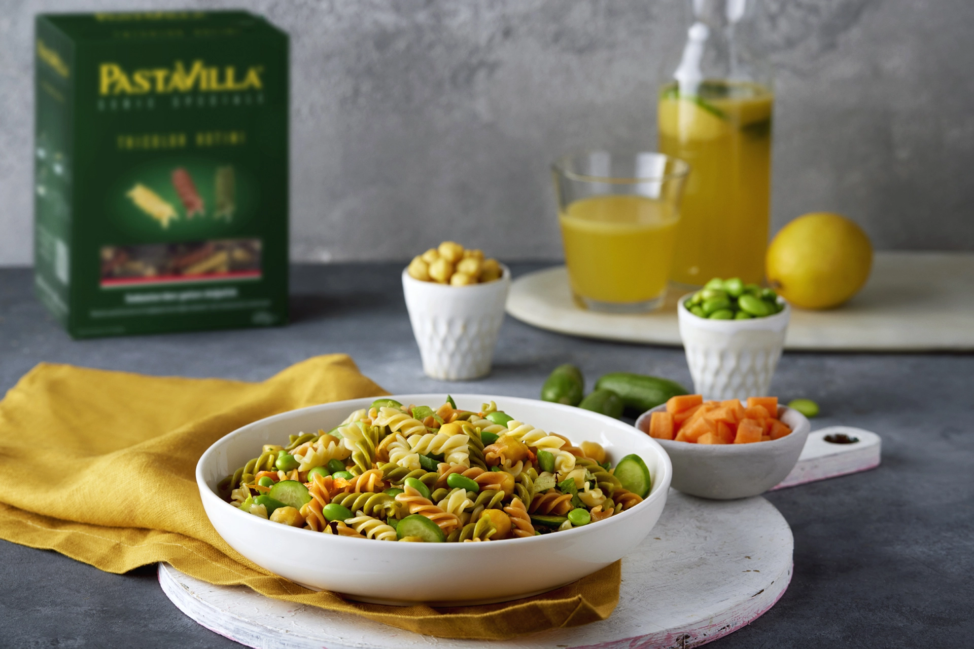 Pastavilla Special Series pasta served with fresh vegetables and Mediterranean-inspired ingredients in a premium food styling composition.