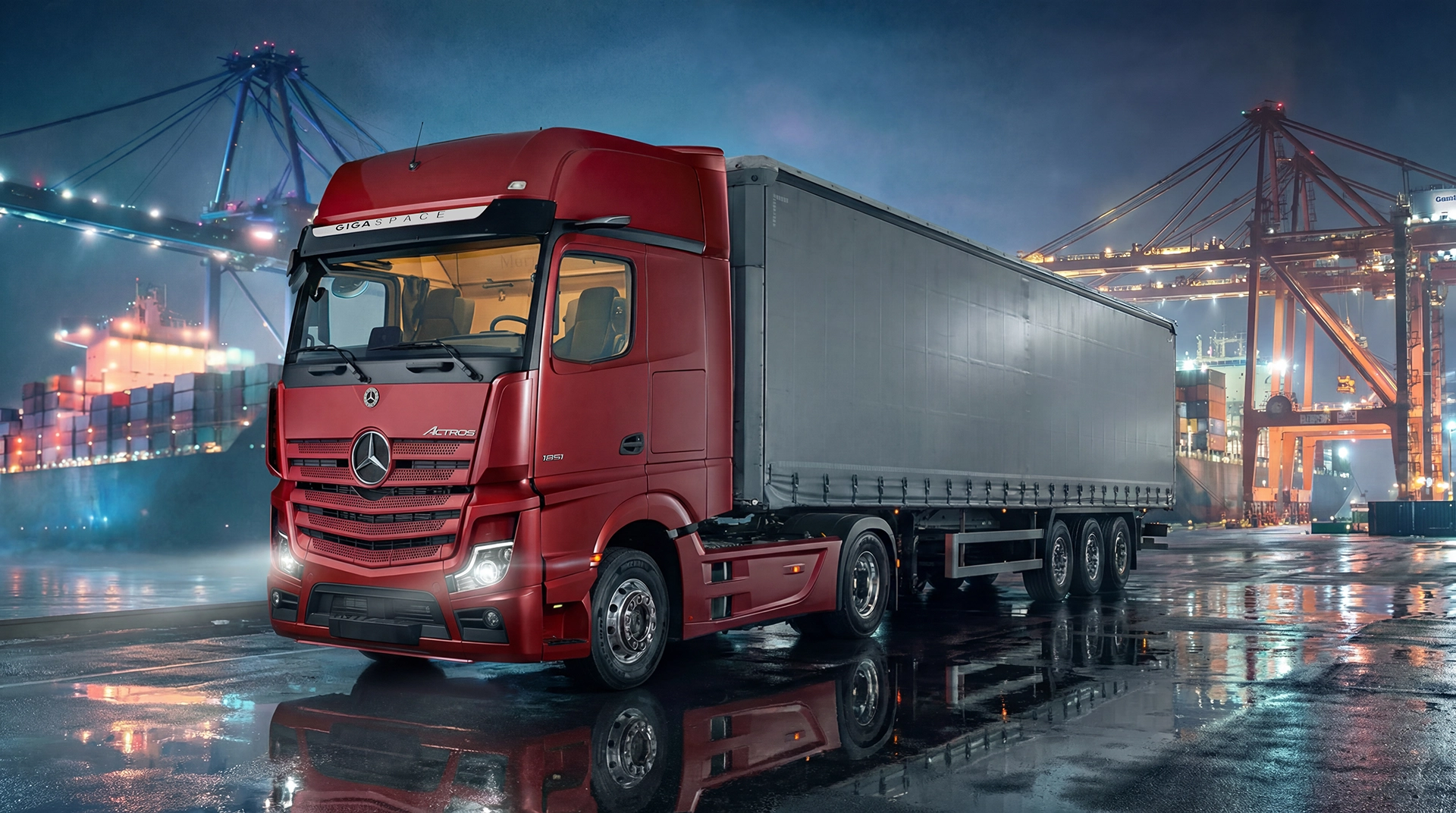 Red Mercedes-Benz truck with box trailer parked at a cargo port terminal at night during rainy weather.