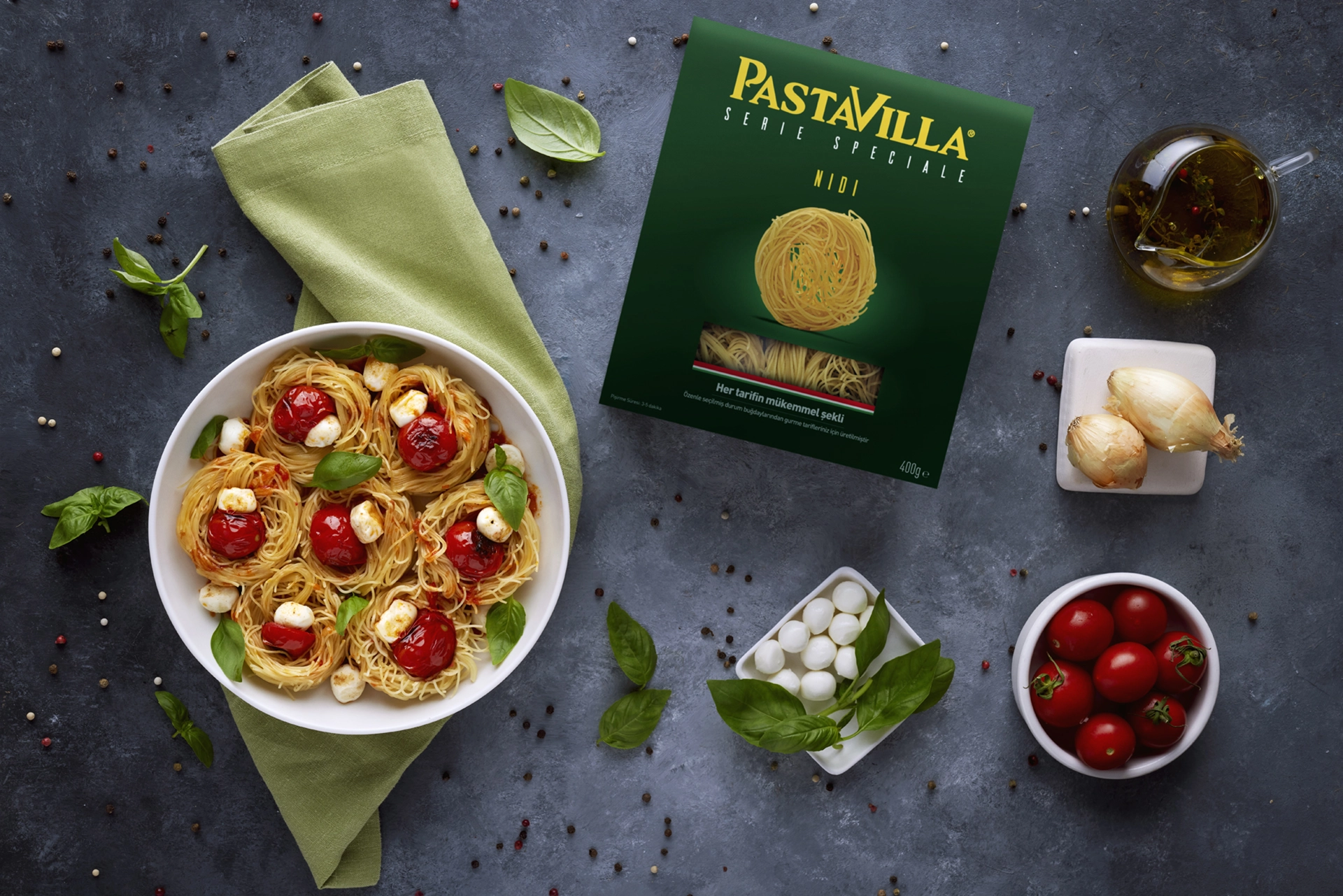 Pastavilla Special Series pasta package presented with fresh ingredients and a gourmet pasta dish in a premium food styling composition.