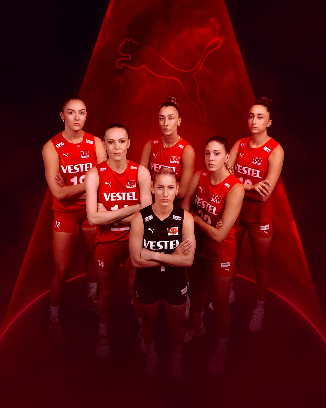 Editorial sports portrait of the Turkish Women’s National Volleyball Team photographed for Puma campaign with dramatic red lighting.