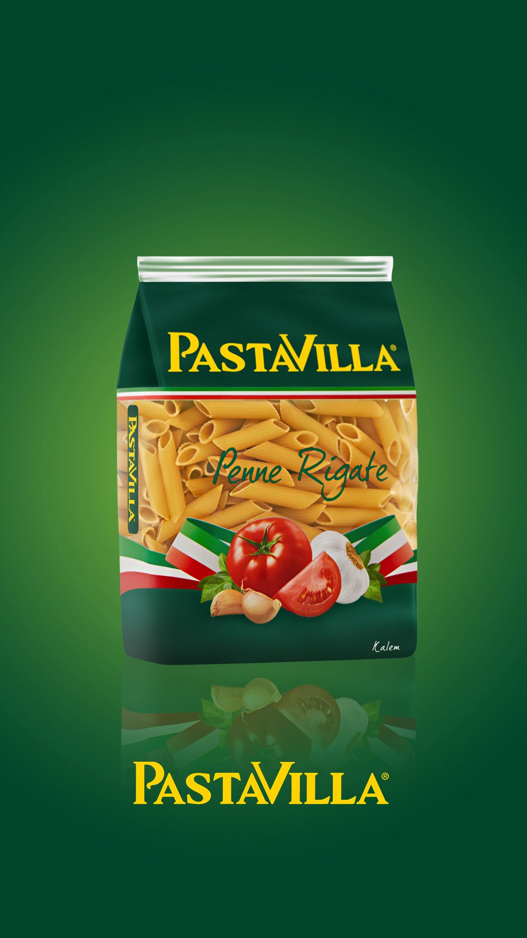 Professional commercial product packaging photograph by Sinan Niyazi Kutsal showcasing a dark green pack of Pastavilla Penne Rigate pasta with its mirror reflection on a solid green studio background.