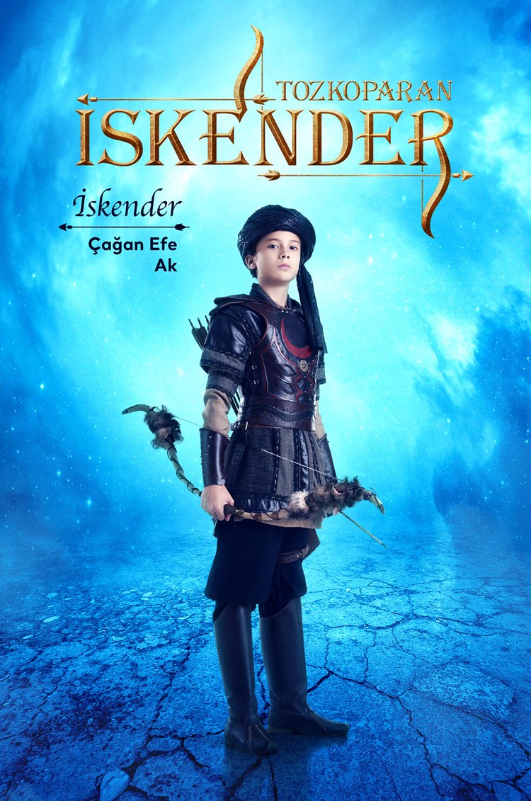 A commercial television promotional character poster by Sinan Niyazi Kutsal for TRT 1, showcasing young actor Çağan Efe Ak in full leather archer armor holding a traditional bow against a magical cosmic blue background.