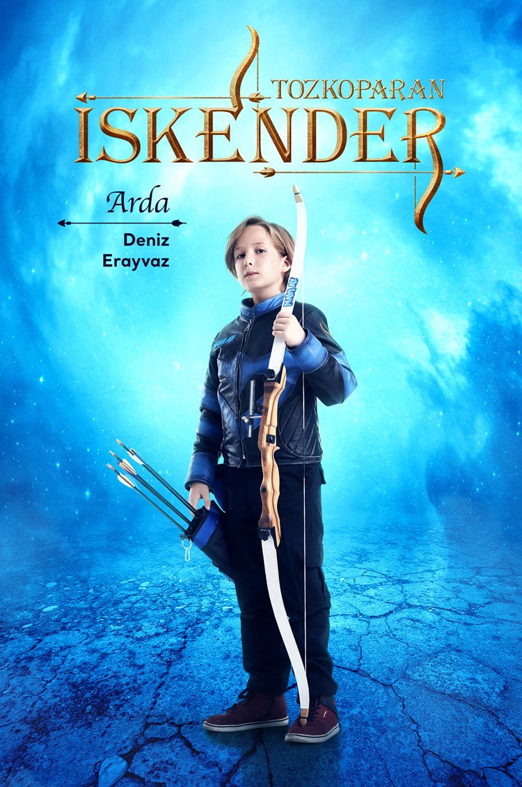 A commercial television promotional character poster by Sinan Niyazi Kutsal for TRT 1, showcasing young actor Deniz Erayvaz as Arda holding a white recurve bow against a magical cosmic blue background.