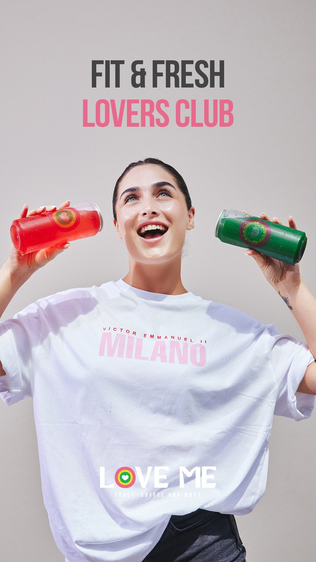 A commercial lifestyle advertising poster by Sinan Niyazi Kutsal for Love Me cafe, featuring a joyful female model, Gizem Altinbas, holding a tall clear plastic cup with a vibrant red iced beverage over one eye, overlaid with pink typography reading 'LOVE ME İLE SAĞLIKLI YARINLARA'.