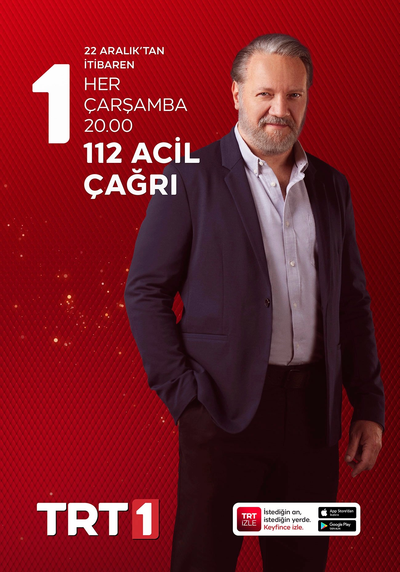 Studio portrait of Turkish actor and TV host Murat Serezli wearing a navy blue blazer and white shirt, standing against a blue studio background, alongside the official red poster design for TRT 1's show '112 Acil Çağrı'.