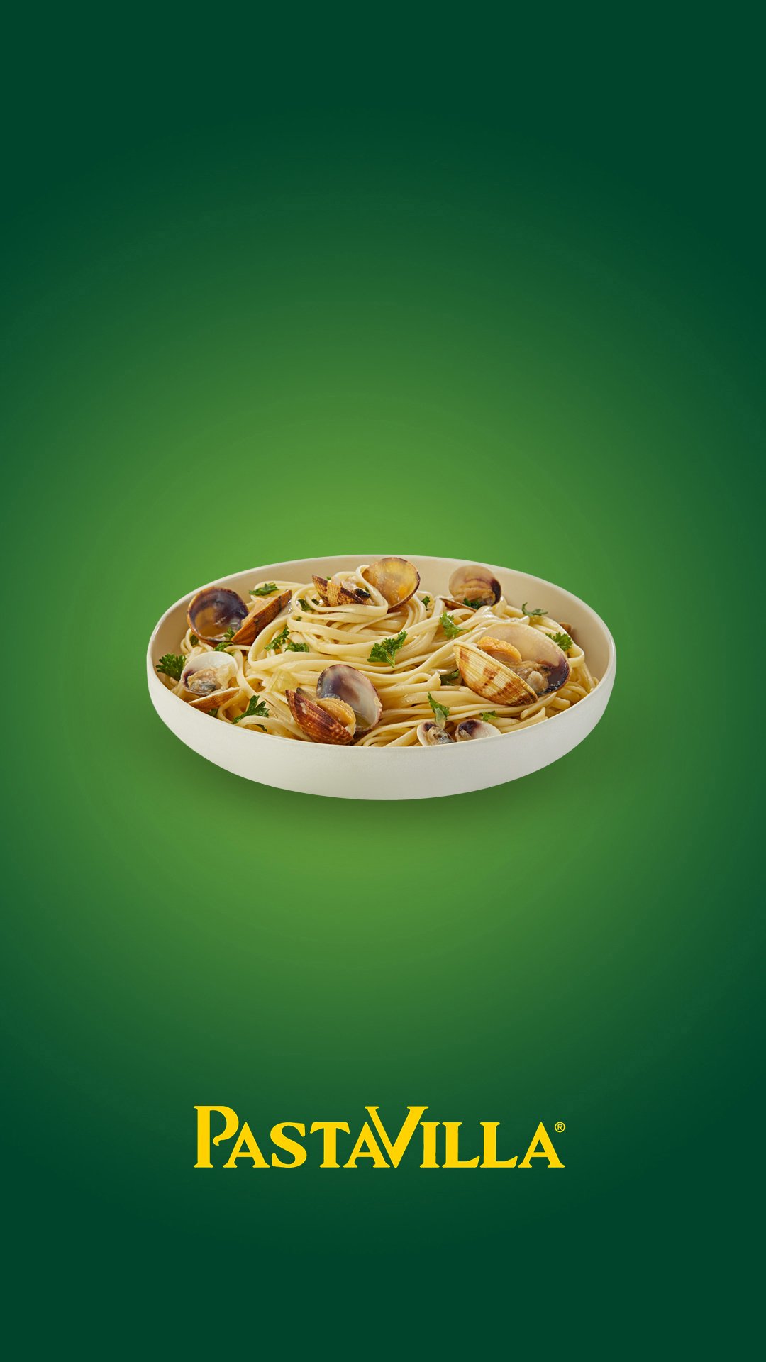 Professional commercial food photograph by Sinan Niyazi Kutsal showcasing a white bowl of gourmet seafood pasta with clams on a corporate green background with the yellow Pastavilla logo.