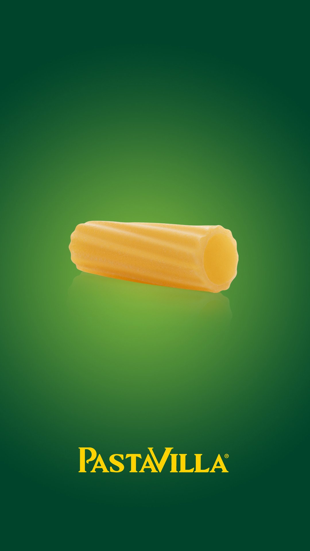 Professional macro commercial food photograph by Sinan Niyazi Kutsal showcasing a single ridged cylinder piece of raw Tortiglioni pasta on a corporate green background with the yellow Pastavilla logo.