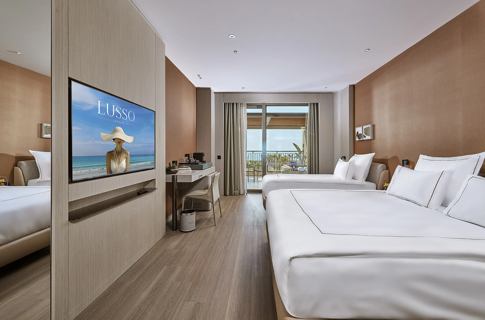 Modern guest room interior at Lusso Hotel featuring contemporary design, premium furnishings and luxury accommodation.