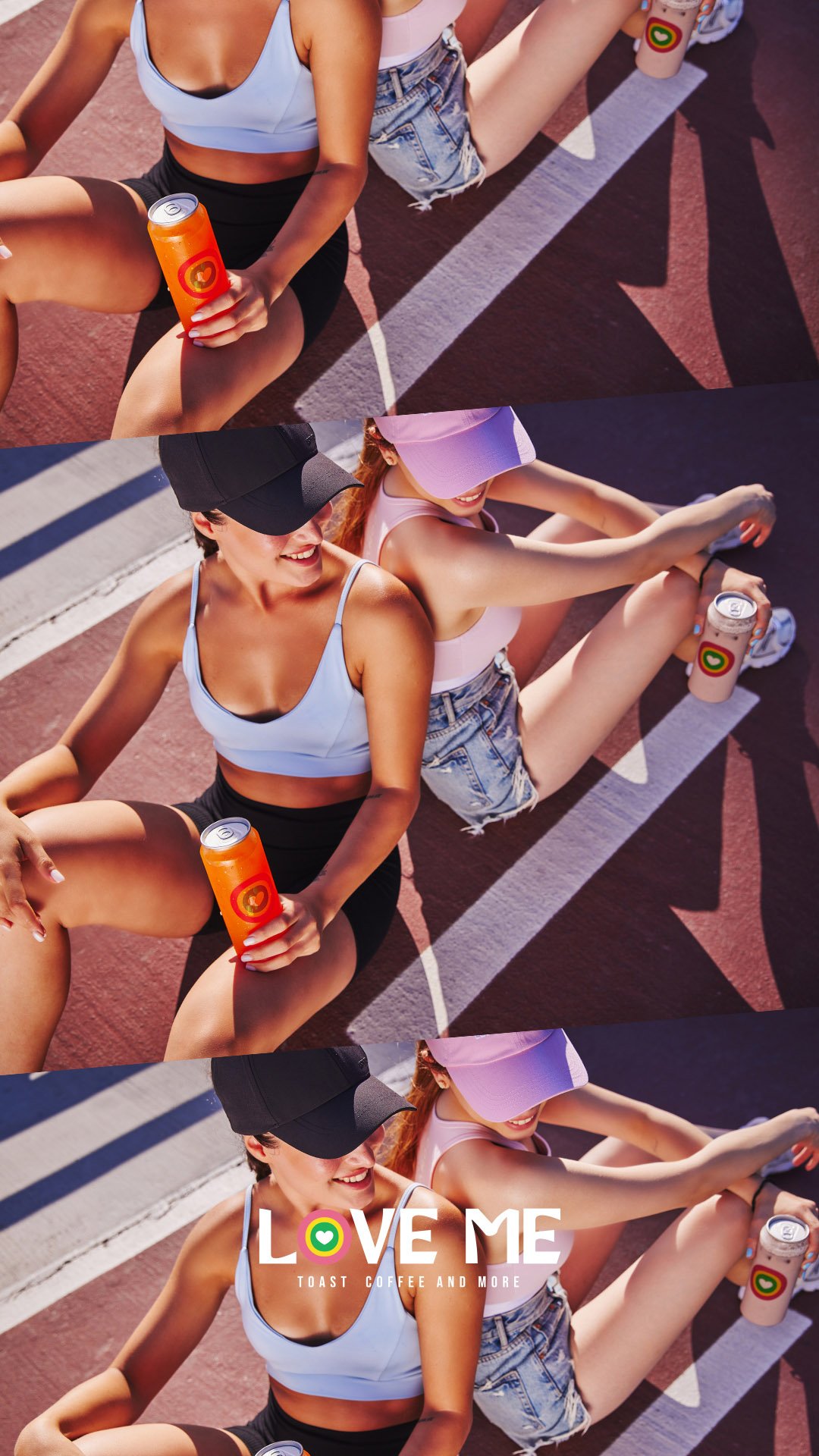 A commercial high-angle lifestyle photograph by Sinan Niyazi Kutsal for Love Me cafe, showing models Gizem Altinbas and Merve Sipahi in athletic wear sitting back-to-back on a red outdoor sports court while holding frosted beverage cans.
