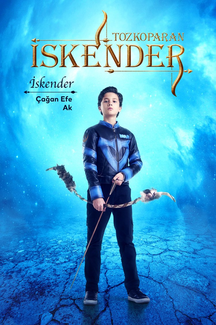 A commercial television promotional character poster by Sinan Niyazi Kutsal for TRT 1, showcasing young actor Çağan Efe Ak in full leather archer armor holding a traditional bow against a magical cosmic blue background.