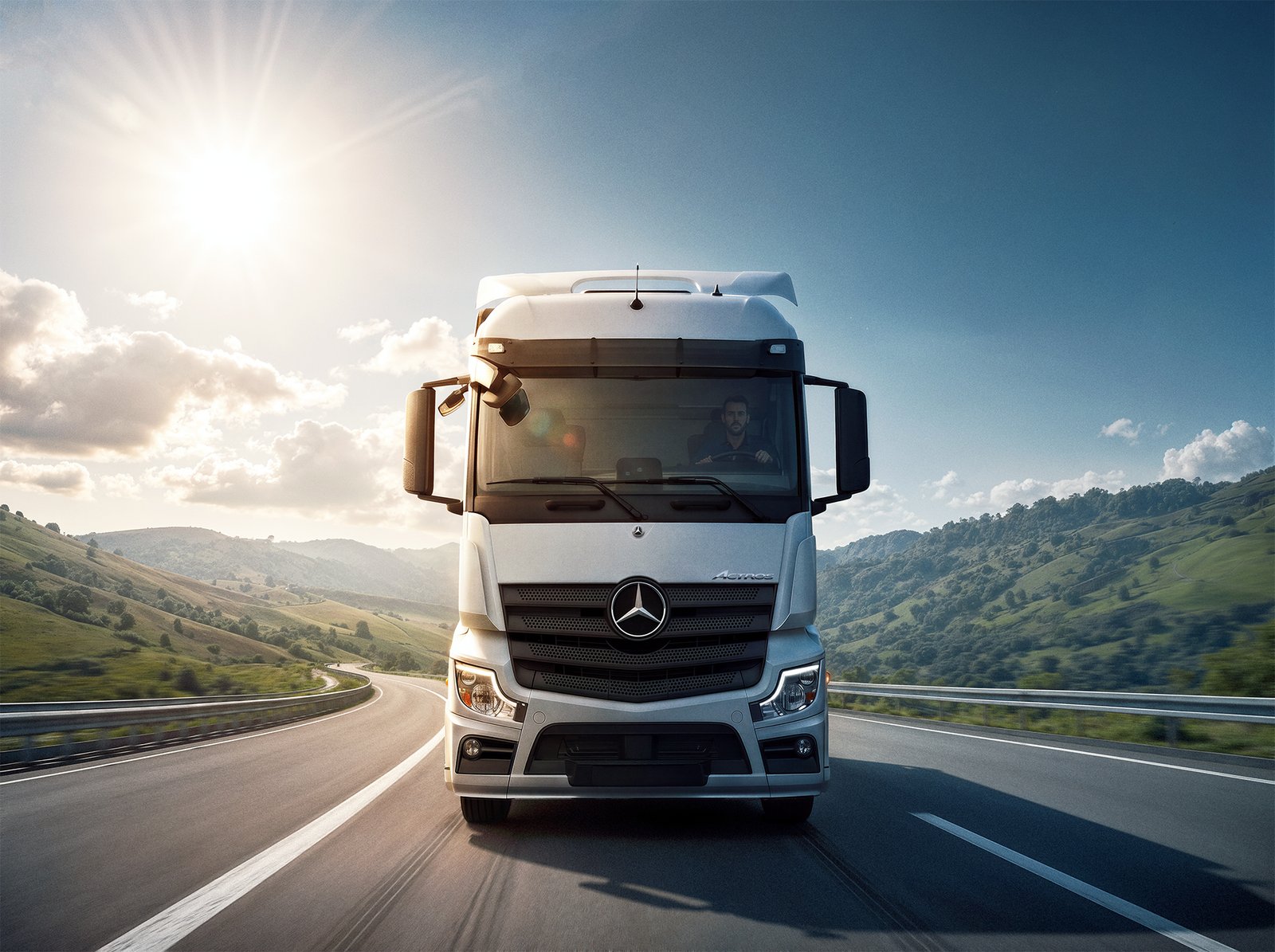 A striking commercial automotive photograph by Sinan Niyazi Kutsal showing a front view of a white Mercedes-Benz Actros semi-truck driving forward on an open highway beneath a bright sun flare.