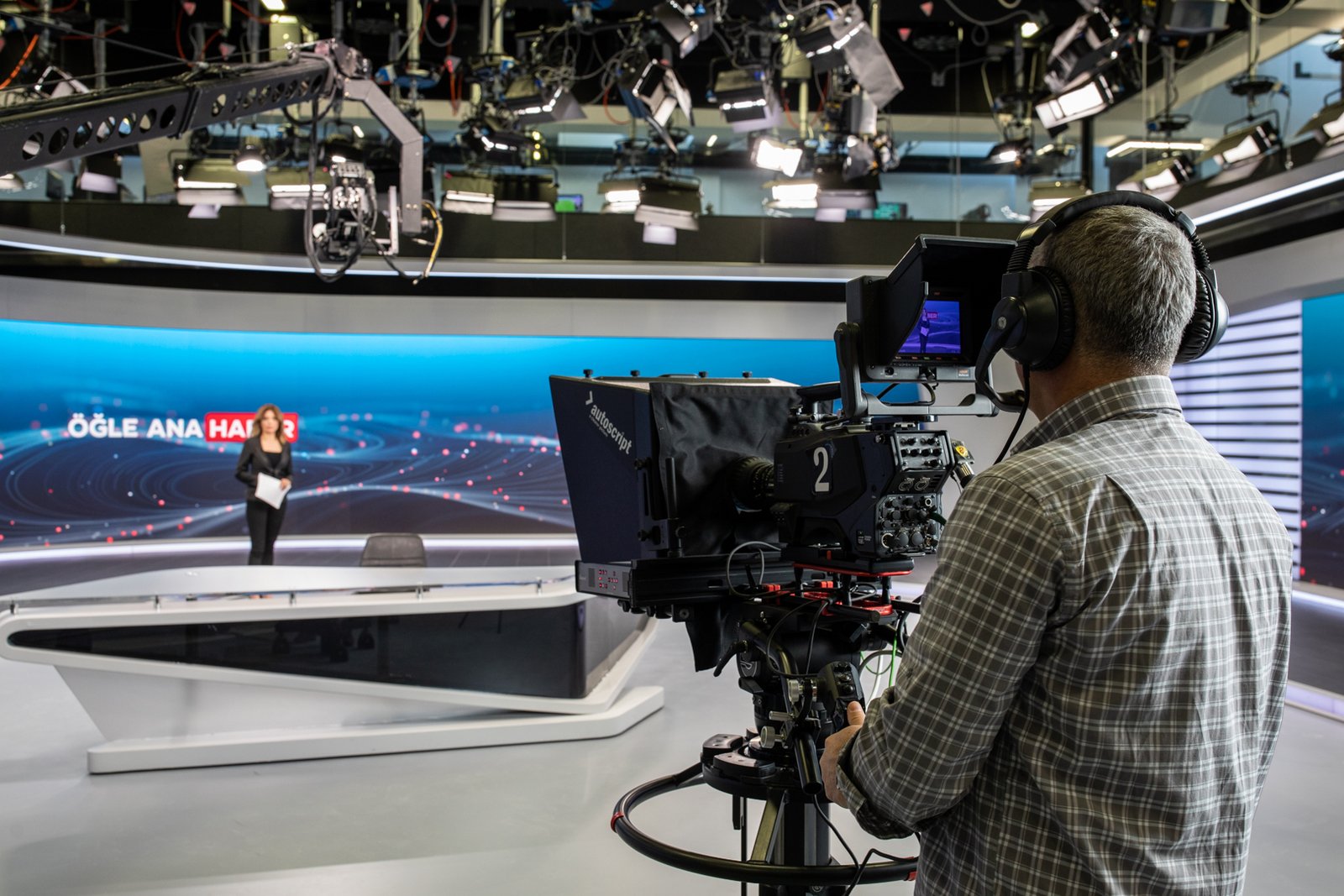 Behind the scenes of TRT Haber television broadcasting operations, featuring news studios, production teams, broadcast technology and media professionals.