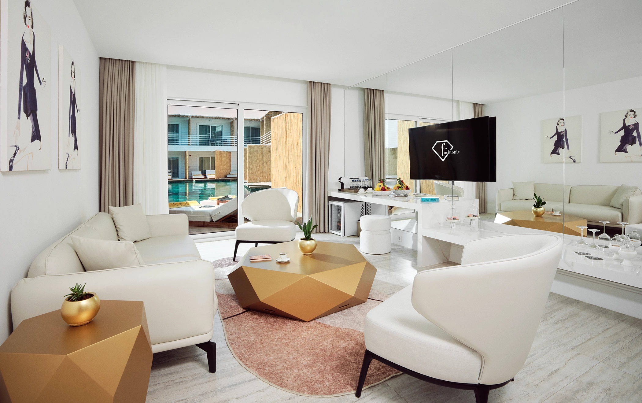 Luxury suite interior at FashionTV Hotel, showcasing modern hospitality design, spacious living area and premium guest experience.