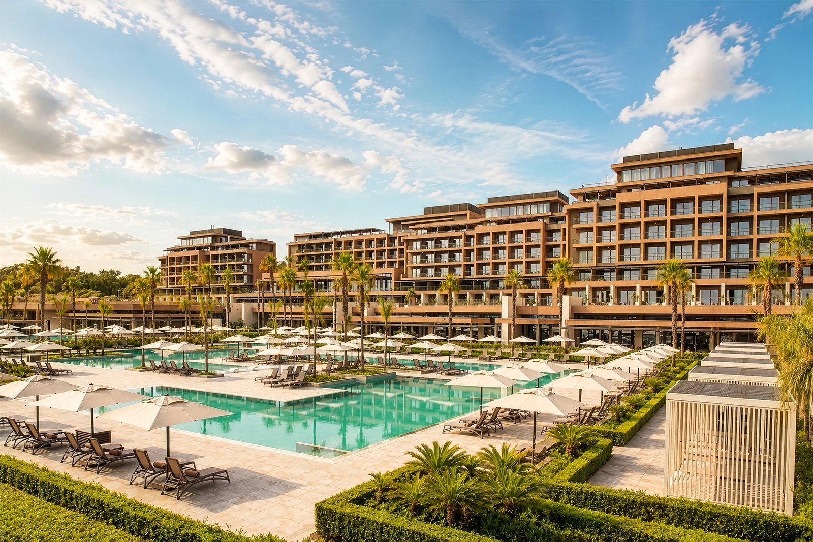 A striking commercial architectural photograph by Sinan Niyazi Kutsal for Lusso Sorgun, capturing the sprawling turquoise main swimming pool, lines of sun loungers, and the sleek contemporary architecture of the hotel buildings.