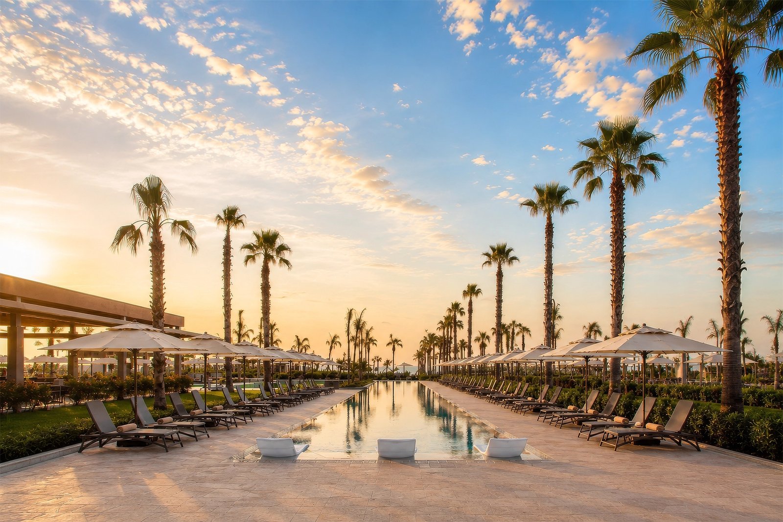 A stunning commercial landscape photograph by Sinan Niyazi Kutsal for Lusso Sorgun, capturing a symmetrical line of tall palm trees flanking a long swimming pool under a golden sunset sky.