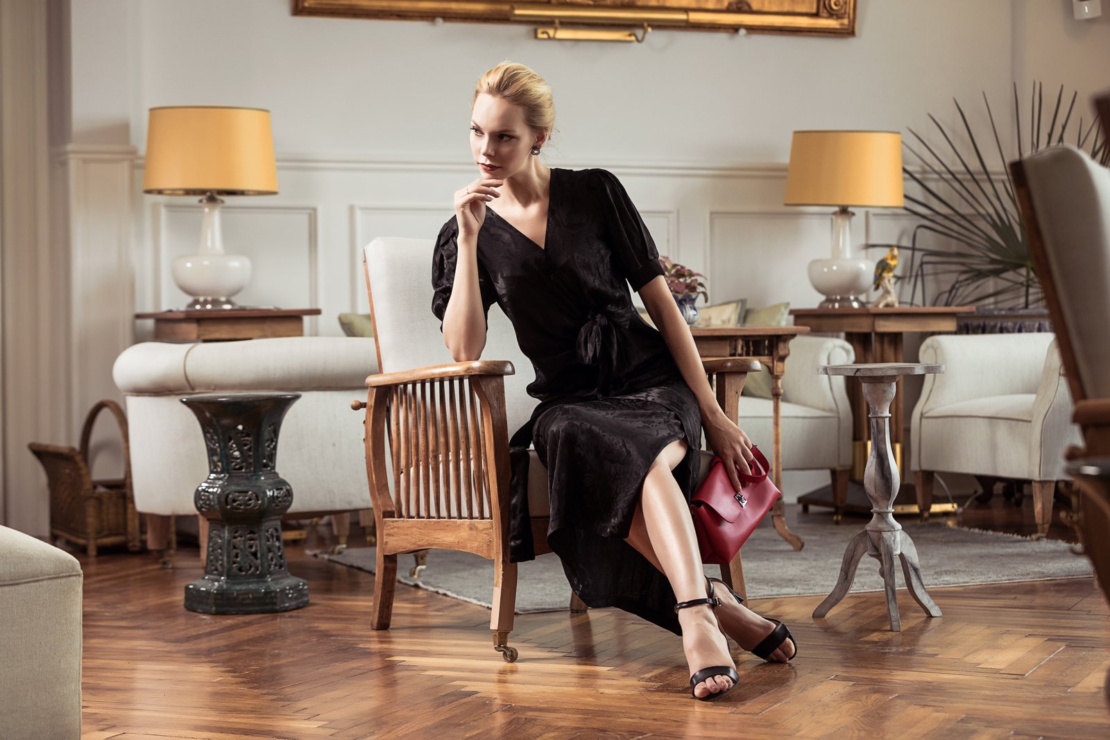 Professional commercial fashion advertising photographs by Sinan Niyazi Kutsal for Paul Mark, capturing models in upscale new season clothing inside an antique mansion parlor and walking along historical street fronts in Buyukada, Istanbul.