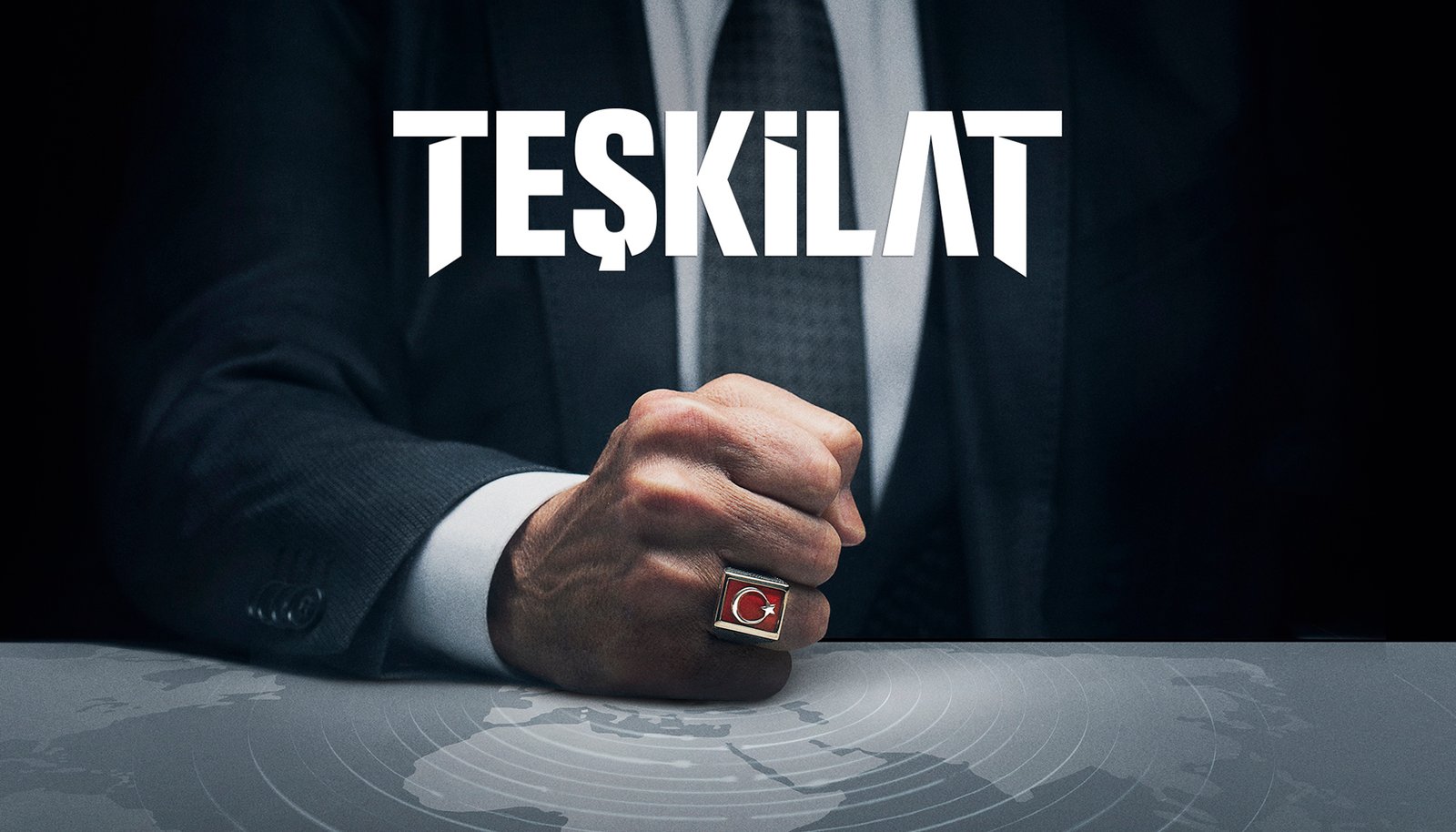 A dikey commercial television promotional poster by Sinan Niyazi Kutsal for TRT 1, showcasing the lead cast of Teşkilat including Mesut Akusta, Çağlar Ertuğrul, and Deniz Baysal posing in high-contrast cinematic lighting against a dark industrial background.
