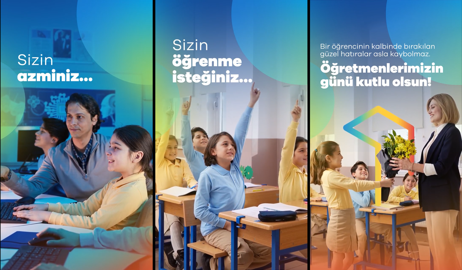 Professional commercial lifestyle advertising tryptic banner by Sinan Niyazi Kutsal featuring three vertical panels showing students in a computer lab, children raising hands, and a schoolgirl presenting flowers to a teacher for a Turkcell campaign.