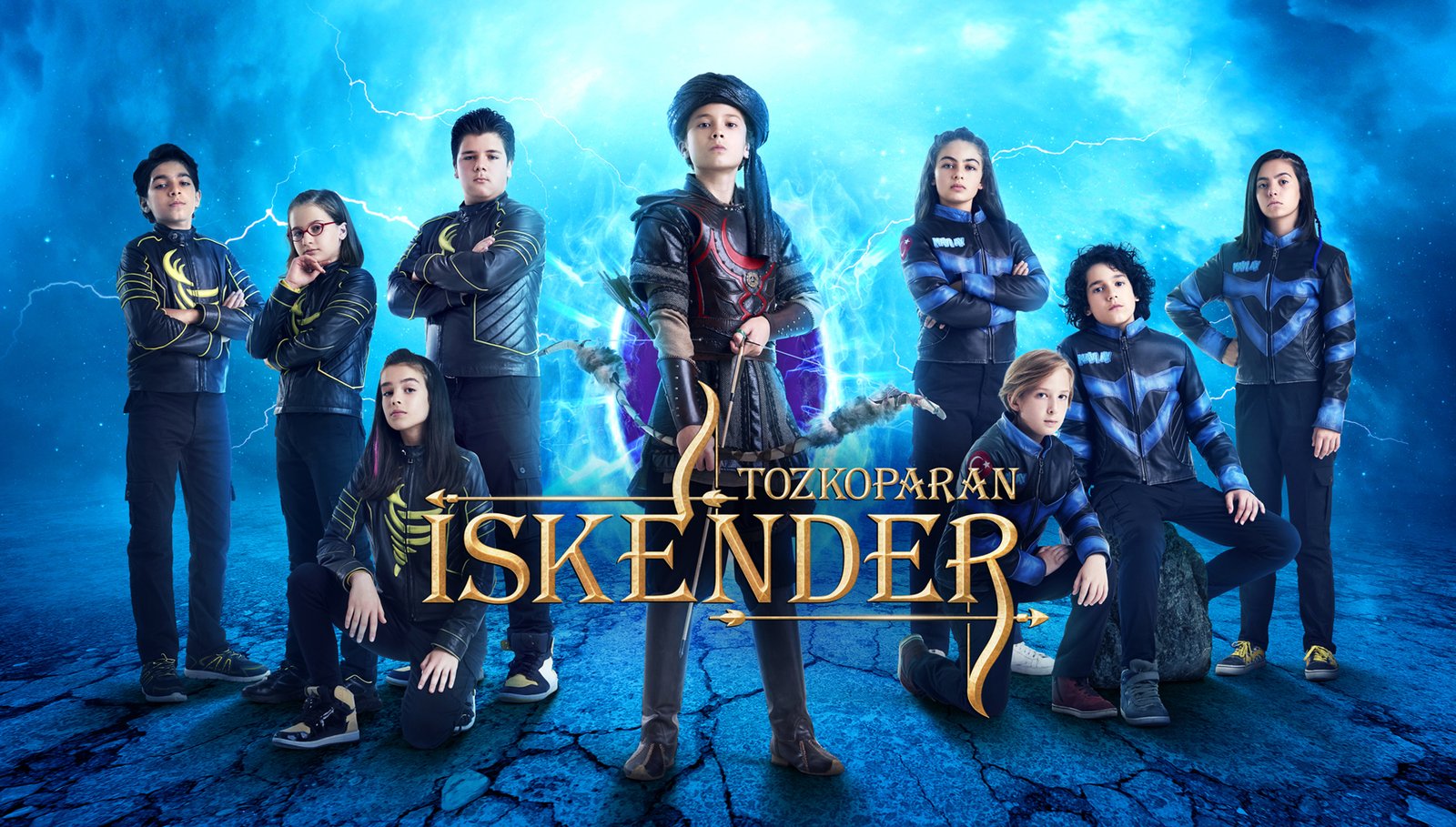 A horizontal commercial television promotional poster by Sinan Niyazi Kutsal for TRT 1, showcasing the young main cast of Tozkoparan İskender holding bows in traditional and modern archery attire against a mystical glowing forest.