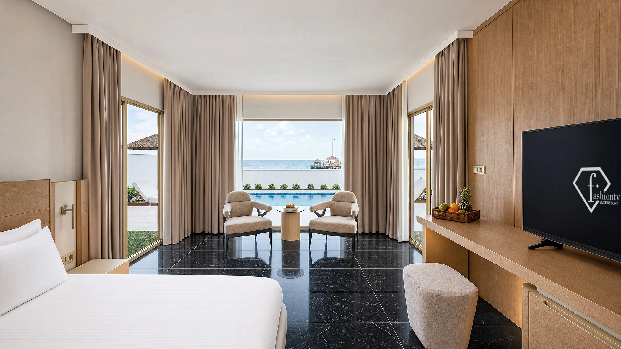 FashionTV Hotel guest room with modern interior design, private balcony and sea view, photographed for hospitality marketing.