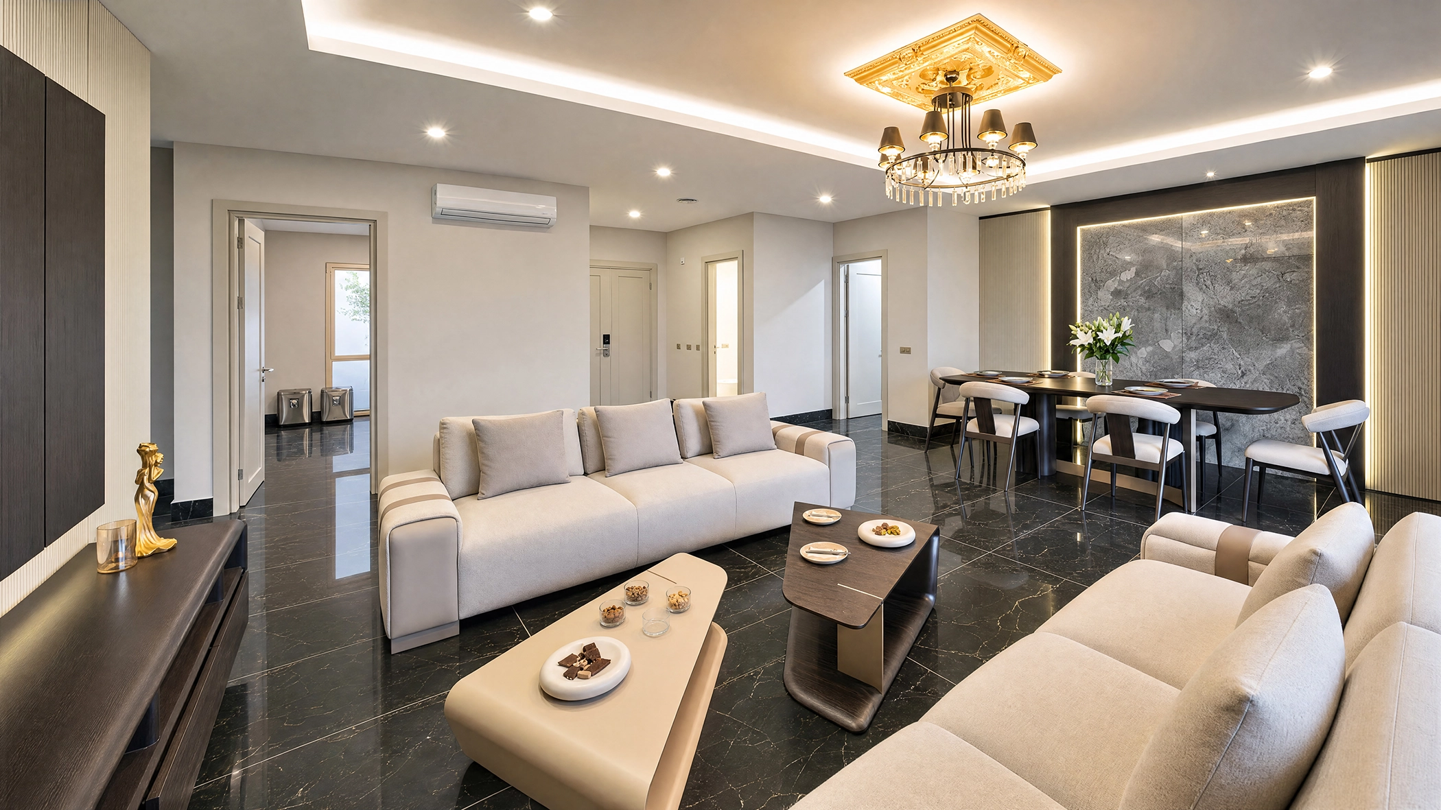 Luxury living room interior at FashionTV Hotel featuring modern furniture, elegant design and premium hospitality experience.