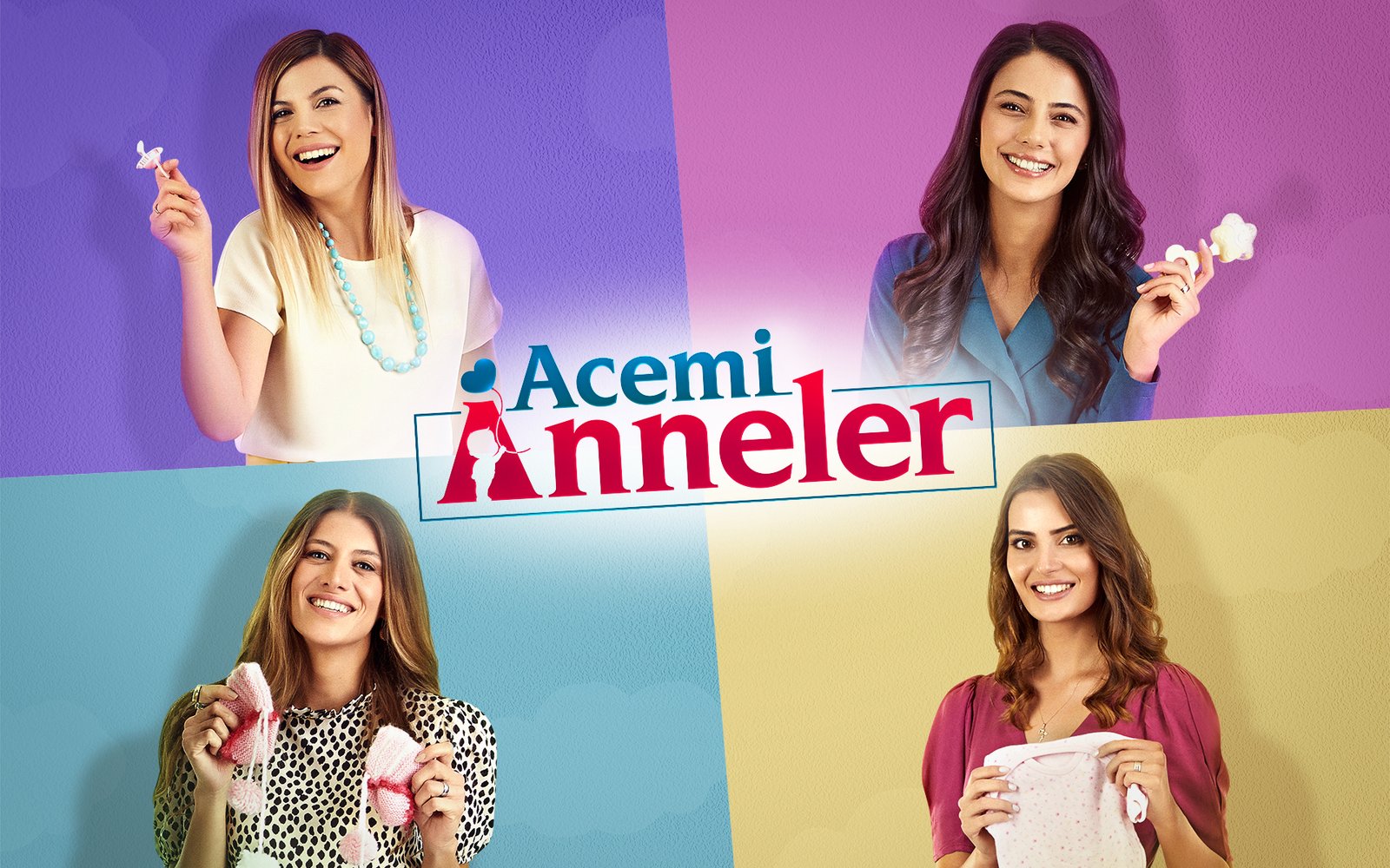 A horizontal commercial television promotional poster by Sinan Niyazi Kutsal for TRT 1, showcasing the four main actresses of Acemi Anneler smiling in colorful individual grid panels holding baby accessories.