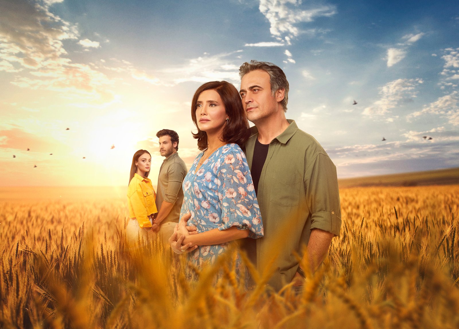 A commercial television promotional poster by Sinan Niyazi Kutsal for TRT 1, showcasing the main cast of Benim Adım Melek including Nehir Erdoğan and Kutsi standing in front of traditional historic stone buildings.