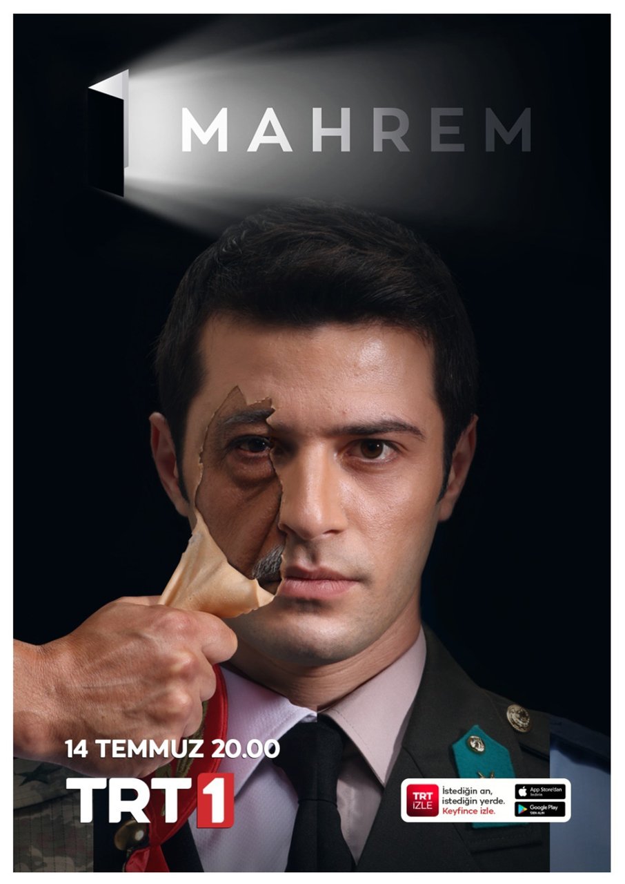 Professional promotional key art photograph by Sinan Niyazi Kutsal for TRT 1's series Mahrem, showing a conceptual portrait of a man in military uniform with his face skin being peeled back to reveal another face, labeled with airdate '14 TEMMUZ 20.00'.
