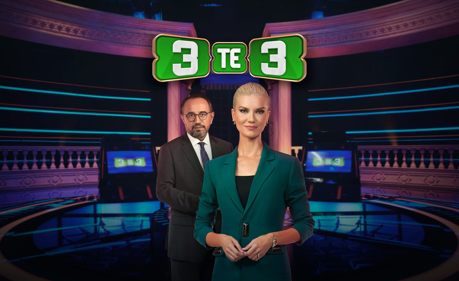 A horizontal commercial television promotional poster by Sinan Niyazi Kutsal for TRT 1, showcasing host Pelin Çift in a dark green blazer and Prof. Dr. Tufan Gündüz standing inside the 3'te 3 quiz show studio.