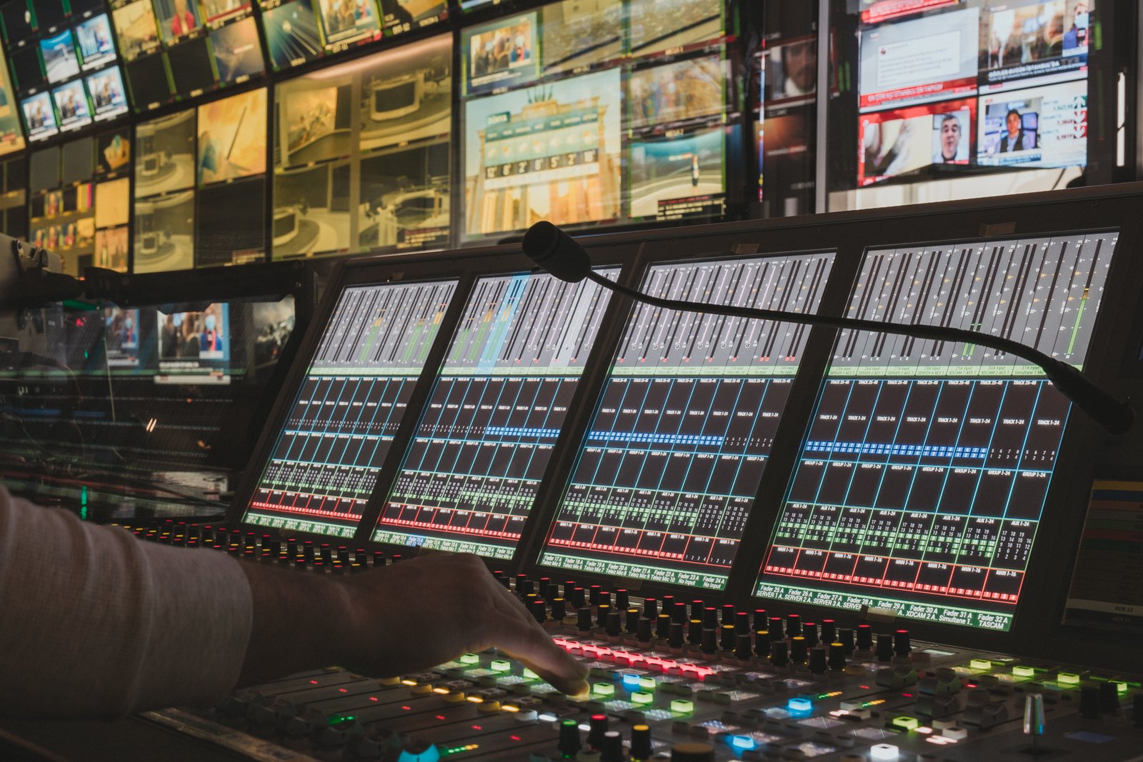 Behind the scenes of TRT Haber television broadcasting operations, featuring news studios, production teams, broadcast technology and media professionals.