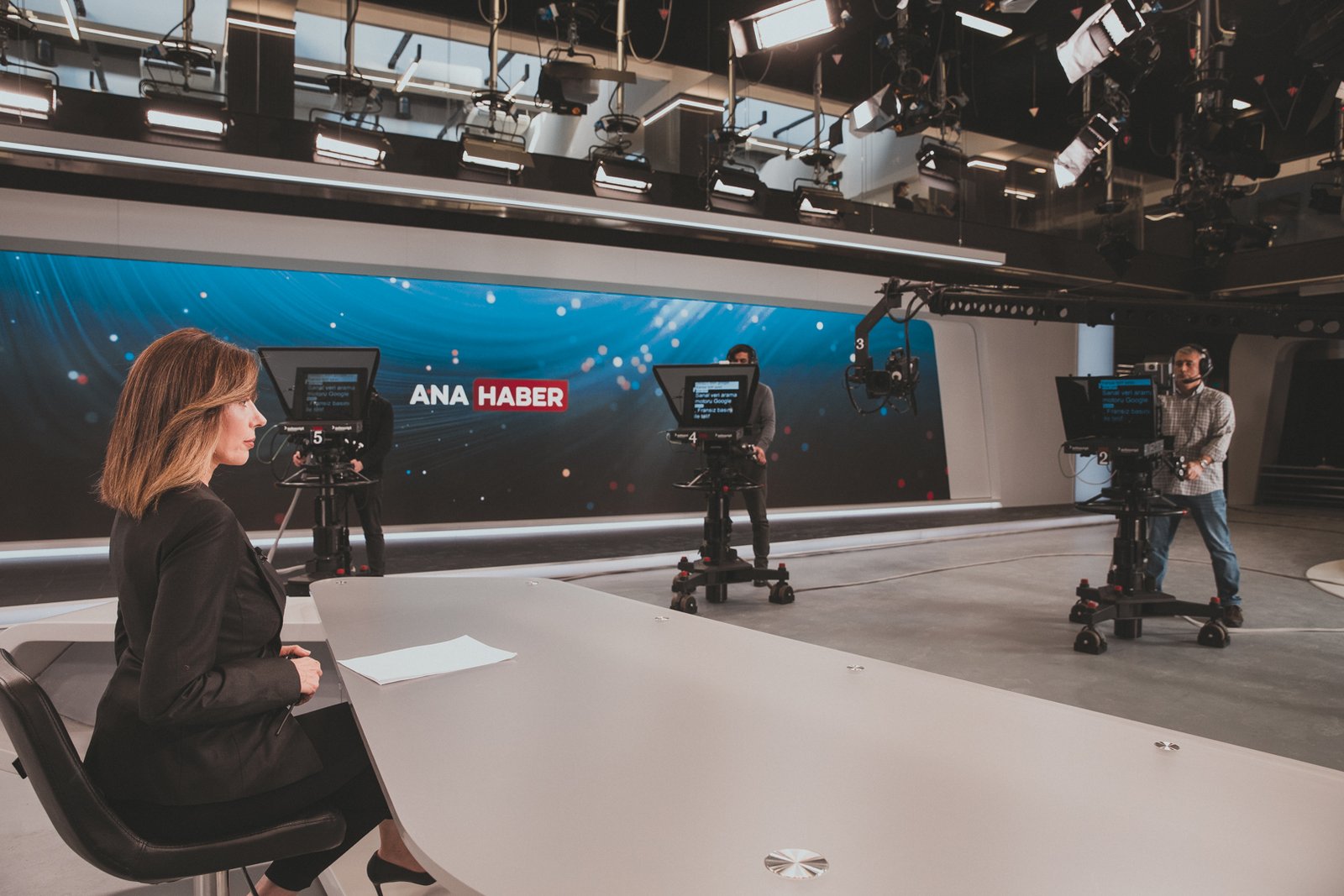 Behind the scenes of TRT Haber television broadcasting operations, featuring news studios, production teams, broadcast technology and media professionals.
