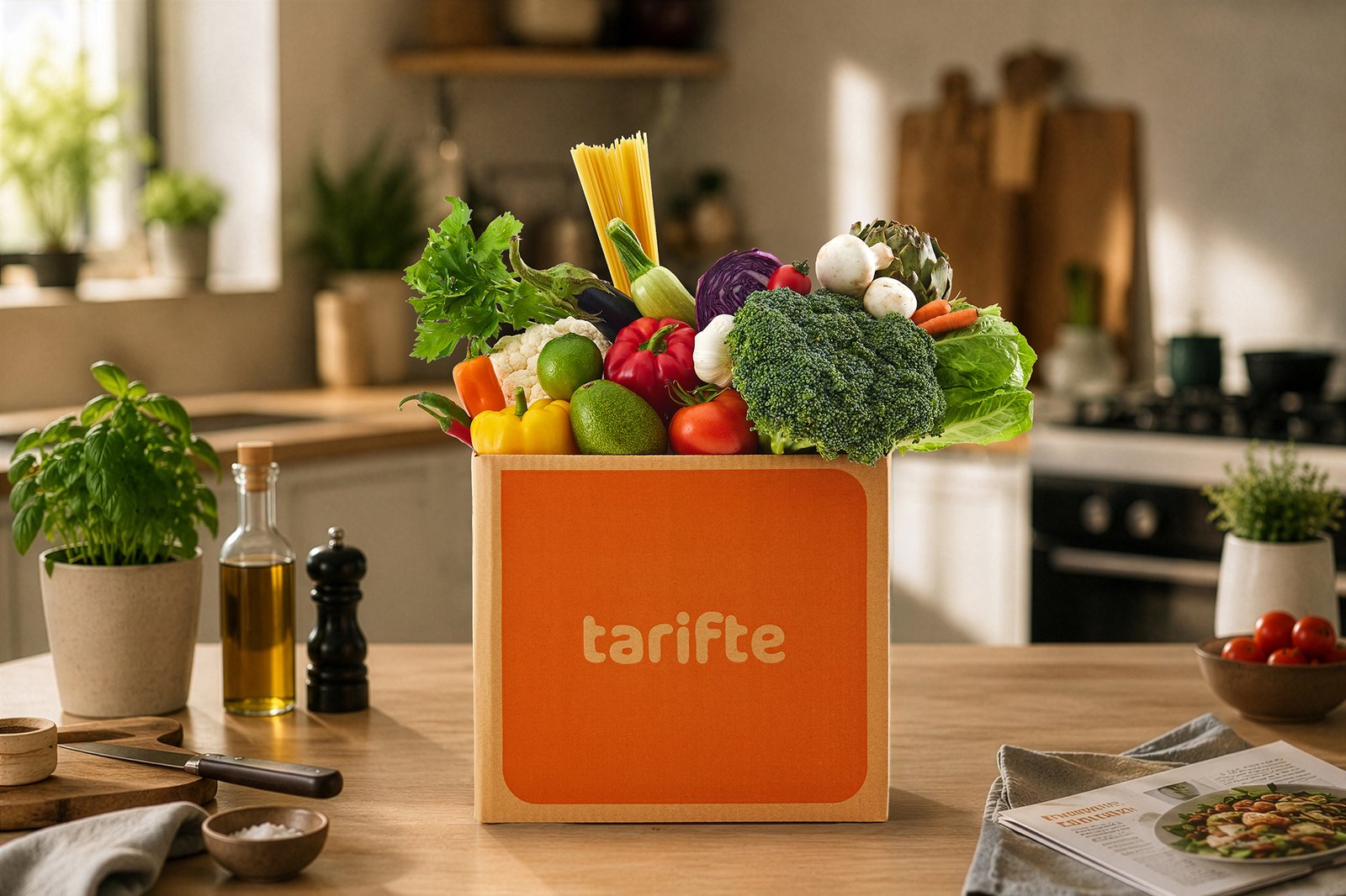Professional commercial food advertising photograph by Sinan Niyazi Kutsal for Tarifte, showcasing a bright orange branded meal kit subscription box overflowing with raw fresh vegetables and pasta on a kitchen counter.